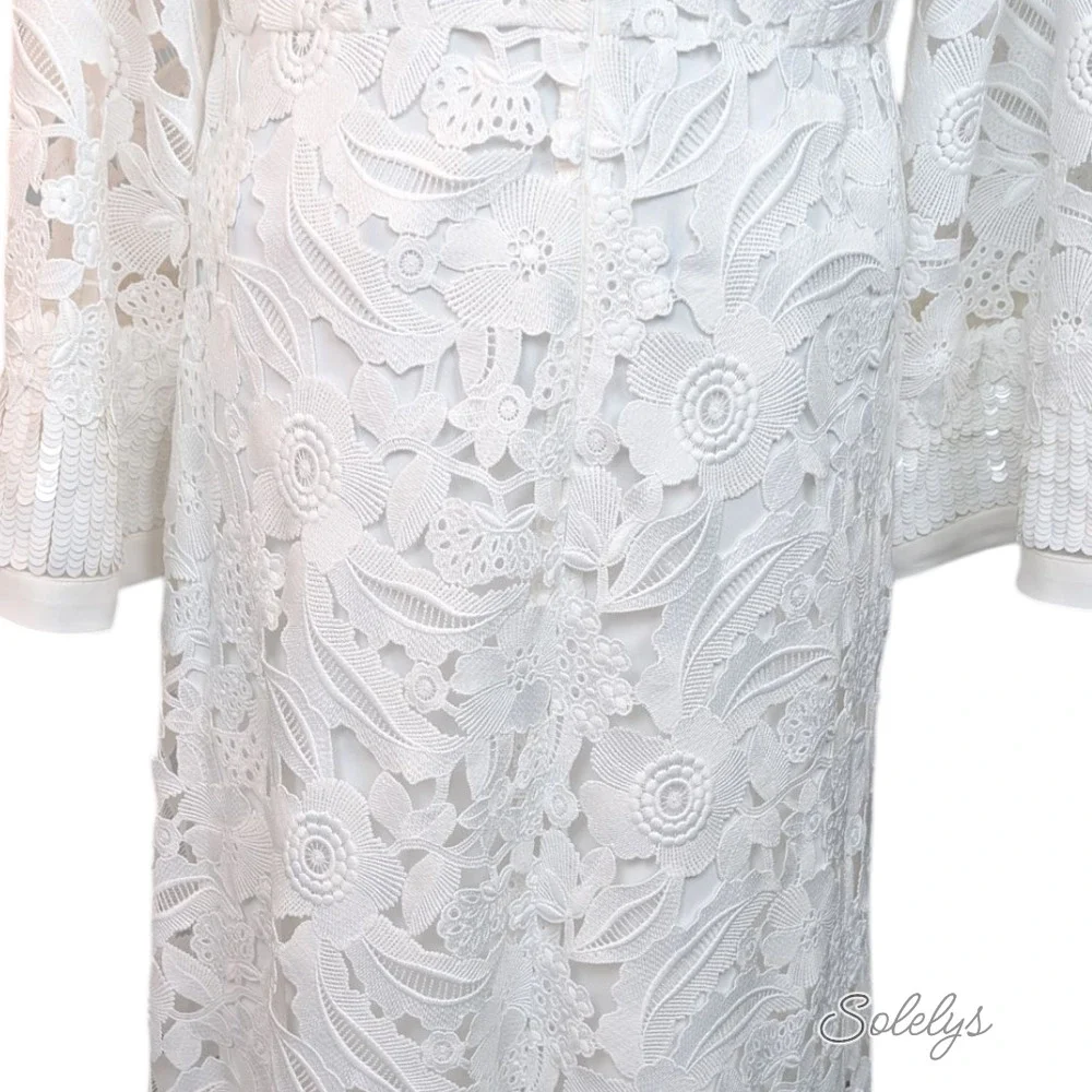 Sachin & Babi Cynthia White Floral Lace Sequin Bridal Wedding Gown Dress Medium - Picture 8 of 10